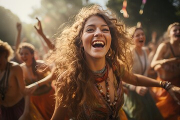 Obraz premium Group Of Friends Dancing Joyfully At A Festival, Generative A