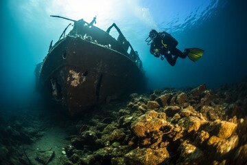 Scuba Diver Exploring A Shipwreck, Generative AI