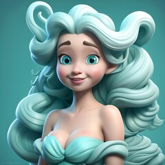 photo of a beautiful cartoon princess with blue long hair isolated on blue, Generative AI