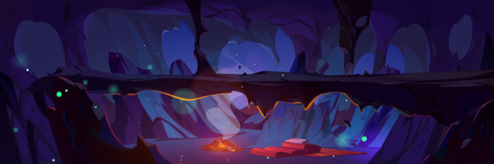 Cave shelter with fire and mat vector game background. Underground mine cavern drawing with bridge and campfire. Prehistory mysterious inner mountain interior location design. Scary fantasy landscape