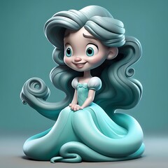 photo of a beautiful cartoon princess with blue long hair isolated on light, Generative AI