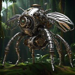 photo of a futuristic bee robot in jungle with metallic body generated by AI