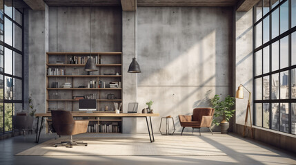 Loft concrete and wooden office interior with window