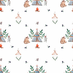 seamless watercolor pattern wigwam and forest dwellers. bear rabbit birdie by the fire. cute story for printing on textiles, wrapping paper, scrapbooking.
