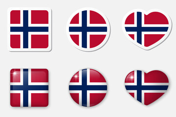 Flag of Norway icons collection. Flat stickers and 3d realistic glass vector elements on white background with shadow underneath.