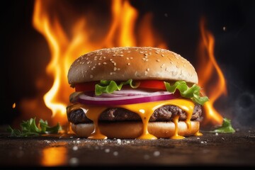 hamburger on black background with smoke and flame