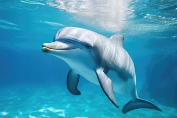 Poster Dolphin in blue transparent water close-up © Veniamin Kraskov