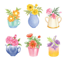 Set of Home plants in flowerpot watercolor