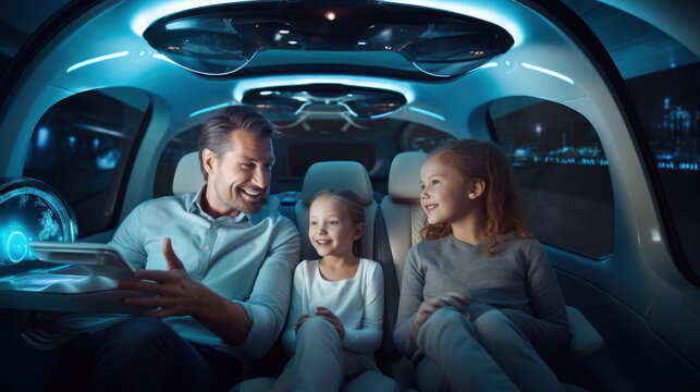 People ride in a self-driving car controlled by an artificial intelligence autopilot. Future technologies, internet of things and smart devices concept.