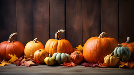 Autumn background with pumpkins and leaves on dark wooden background. halloween and thanksgiving concept