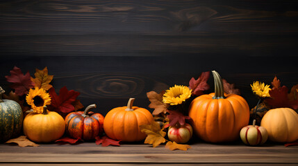 Naklejka na ściany i meble Autumn background with pumpkins and leaves on dark wooden background. halloween and thanksgiving concept
