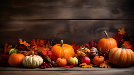 Autumn background with pumpkins and leaves on dark wooden background. halloween and thanksgiving concept