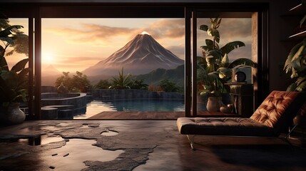 a view of a hot spring with a mountain view