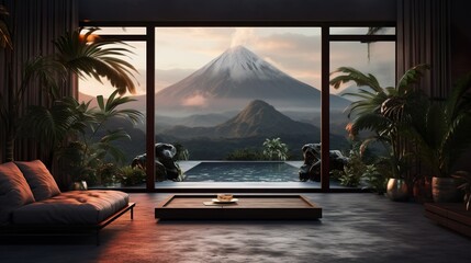 a view of a hot spring with a mountain view