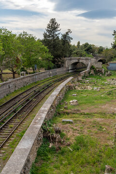 Train track and arch shaped bridges near the Ancient Agora n Athens, Greece.
