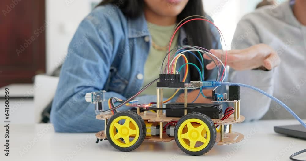 Leinwandbilder Robotics, education and hands of children at school learning about coding, robot or car toy in class. Kids in classroom for technology, electronics or science for development, innovation and teamwork