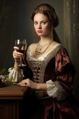 Royal woman with a glass of wine. Funny historical portrait, middle ages royal aesthetics. Queen or princess drinking alcohol.