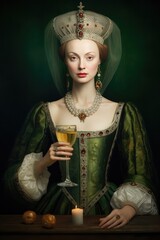 Royal woman with a glass of wine. Funny historical portrait, middle ages royal aesthetics. Queen or princess drinking alcohol.
