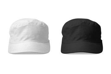 Blank white and black baseball cap mockup isolated on white background. Plain linen cotton men's cap, 3d rendering.