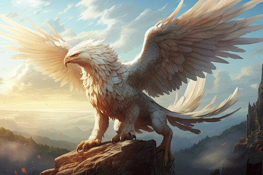 powerful griffin standing on a rock looking over a magical fantasy landscape, mythical creature