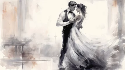 Poster woman in a dresswoman dancing in the night. beautiful graphic of man and woman in elegant dancing couple. ink painting in black, white and orange. cartoon vector illustration © StraSyP BG