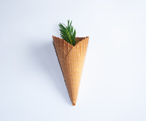 Pine branch in ice cream cone on a pastel white background. Flat lay. Summer concept. Perfect for background.