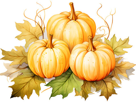 Autumn pumpkins with autumn leaves. Hand drawn illustration. halloween and thanksgiving concept