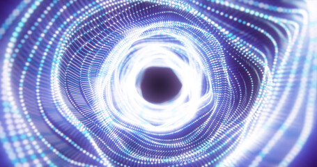 Abstract blue energy tunnel made of particles and a grid of high-tech lines with a glowing background effect
