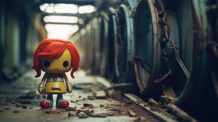 Fototapeta premium Neglected toy doll with red hair living alone in a dismal abandoned industrial factory, future dystopia after last humans disappeared, somber gloomy mood - generative AI 