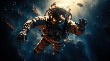 Fototapeta premium Experiencing weightlessness in space on dark background with a place for text photorealism 