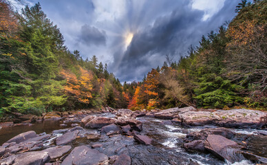 Wild River in the Appalachian Mountains during peak Autumn Colors