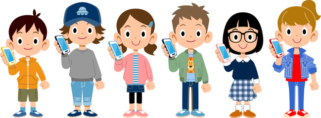 携帯電話で通話する子どもたちの全身
