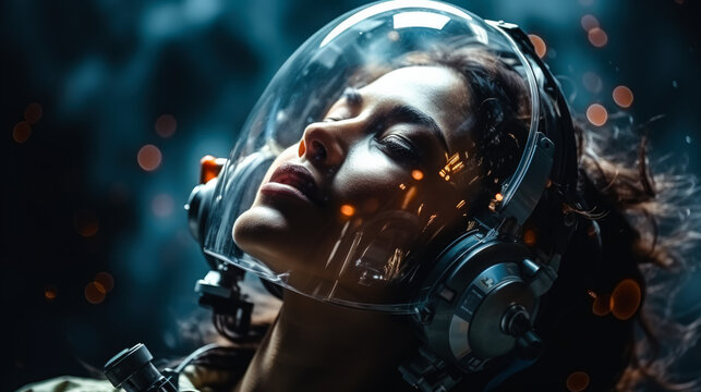 Experiencing weightlessness of a woman face in space on dark background with a place for text photorealism 