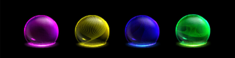 3d sphere bubble protect shield barrier effect. Glass ball dome with abstract cyber grid. Secure energy technology for magic defense. Neon blockchain round immune guard in yellow, green, pink and blue © klyaksun