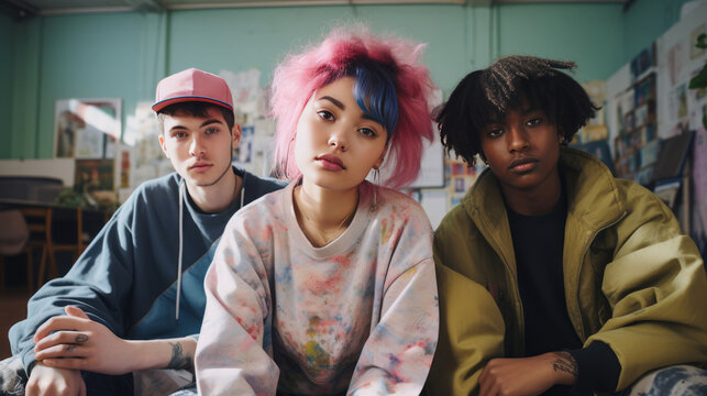 Divers group of smiling students, Y2K, grunge, 2000s, retro, vaporwave, nostalgia, kitsch