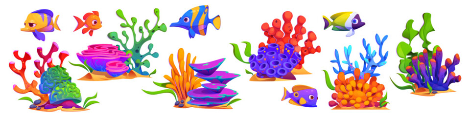 Isolated seaweed and coral vector plant set. Marine cartoon clipart illustration with grass, reef, algae weed and fish. Nautical oceanic wildlife cute png element collection. Tropical undersea design