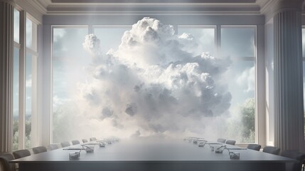 A unique cloud formation inside a room with a table and chairs