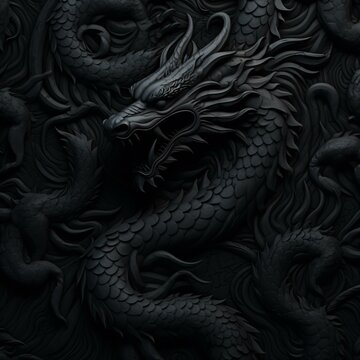 A mysterious black dragon against a dark and dramatic backdrop