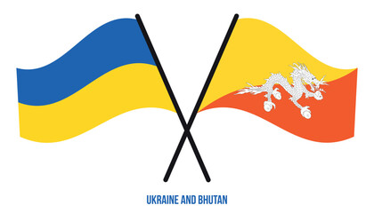 Ukraine and Bhutan Flags Crossed And Waving Flat Style. Official Proportion. Correct Colors.