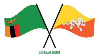 Zambia and Bhutan Flags Crossed And Waving Flat Style. Official Proportion. Correct Colors.