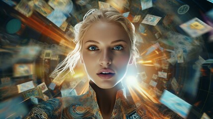 A woman with captivating blue eyes against a stunning digital backdrop