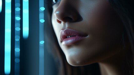 A woman's face illuminated by blue lights