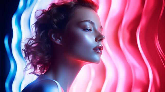 A woman in meditation with closed eyes against a vibrant neon backdrop