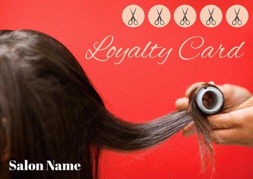Composite of hair salon loyalty card text over caucasian woman in hairdresser's salon