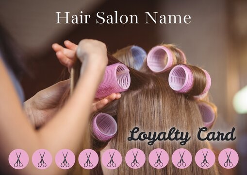 Composite of hair salon loyalty card text over caucasian woman in hairdresser's salon