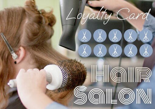 Composite of hair salon loyalty card text over caucasian woman in hairdresser's salon
