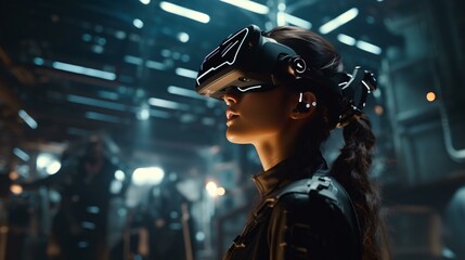A woman in a futuristic space suit with a helmet inside a sci-fi themed space station