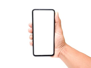 Male hand holding a white screen on a white background. business concept.