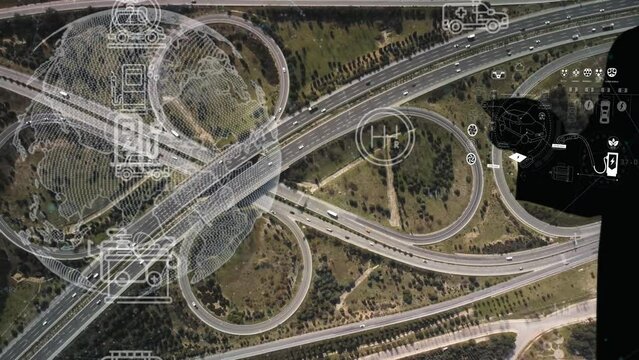 Intelligent Vehicles Cars Communicating Ai Logistic Autonomous Delivery Vehicles IoT GPS Tracking Satellite 5G Smart Roads Traffic Road Junction Interchange Motorway Triangulation Of Traffic Data