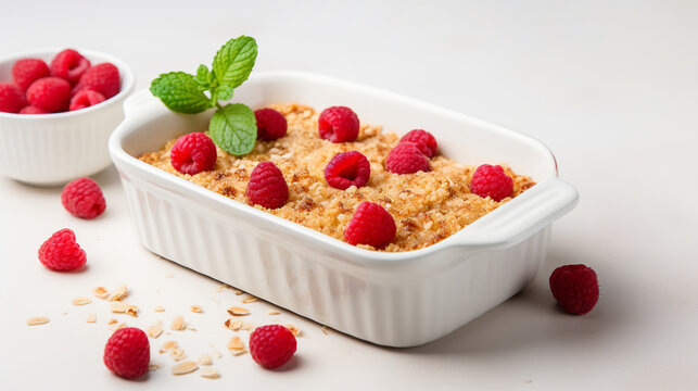 Baked Oats with raspberries in white ceramic mold